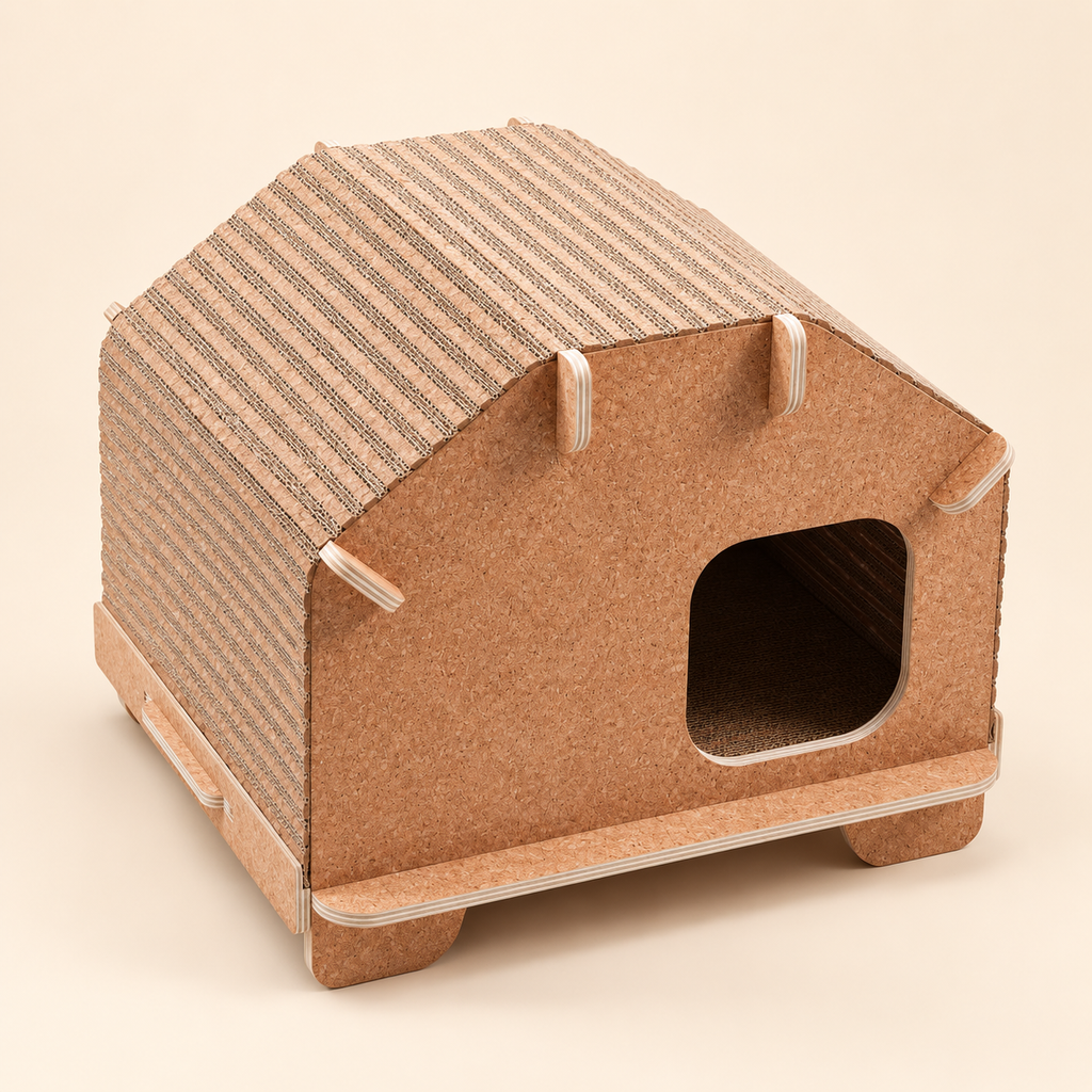 Natural cork flat-pack rounded-roof cat villa with corrugated scratching roof on a warm neutral background