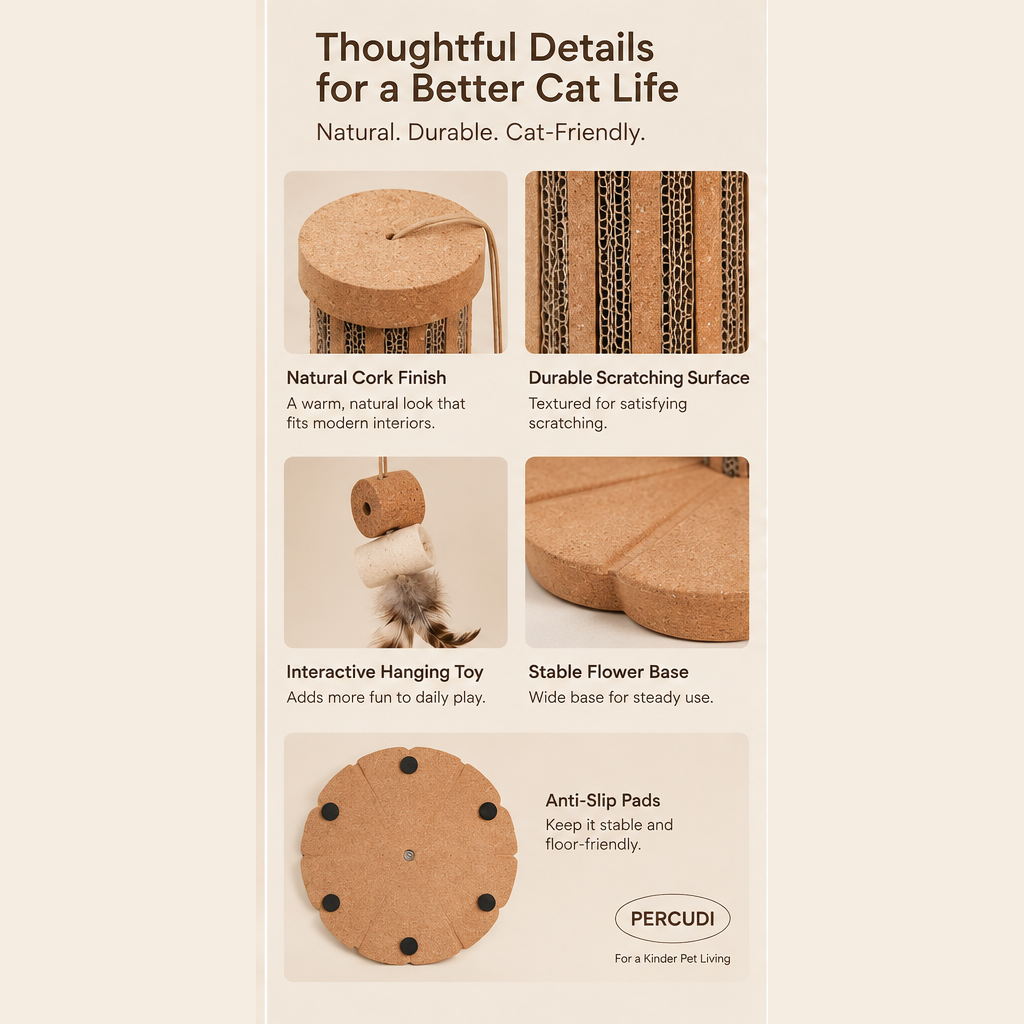 Product detail infographic showing natural cork finish, corrugated scratching surface, flower-shaped base and hanging toy