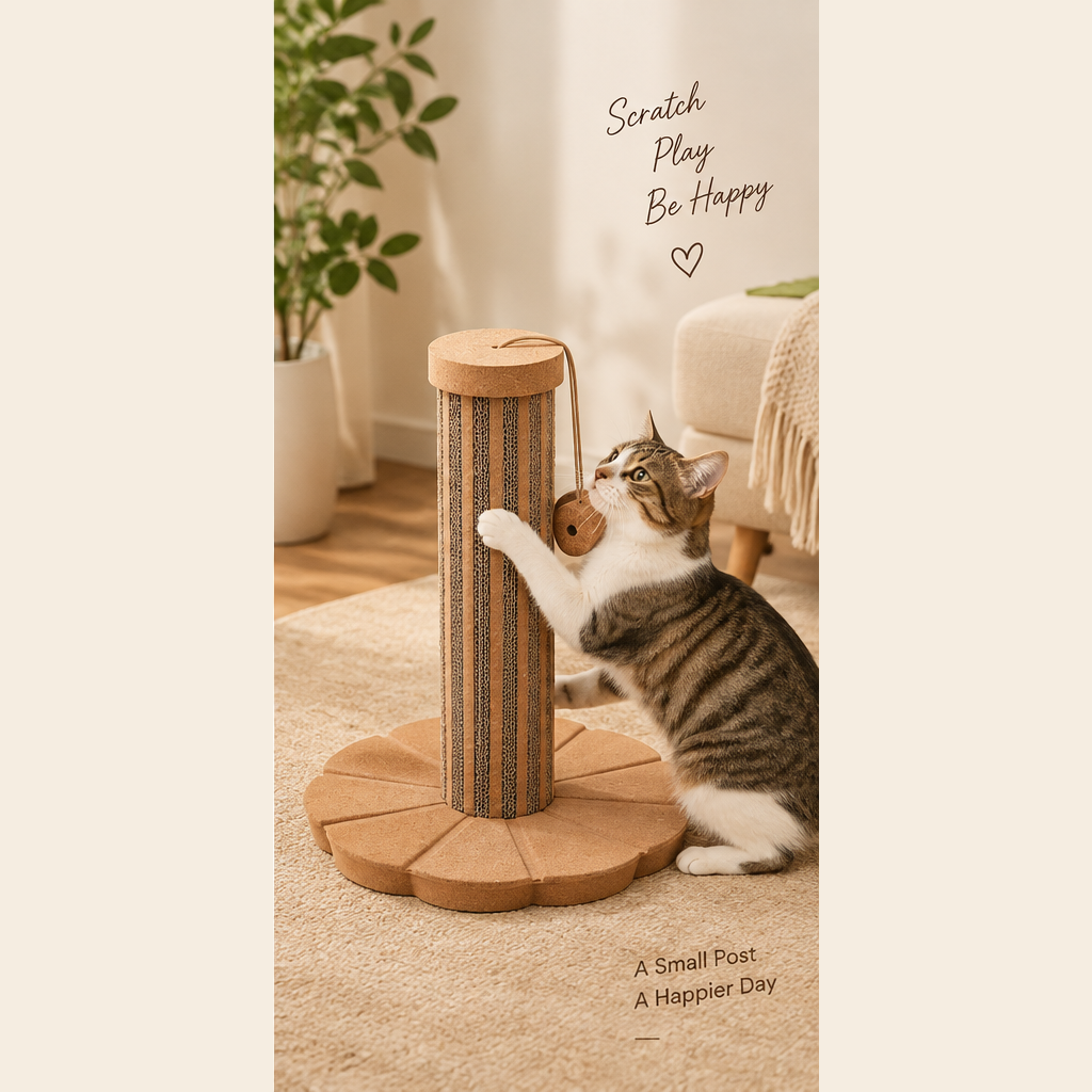 Cat playing with a natural cork flower-base scratching post in a warm modern home interior