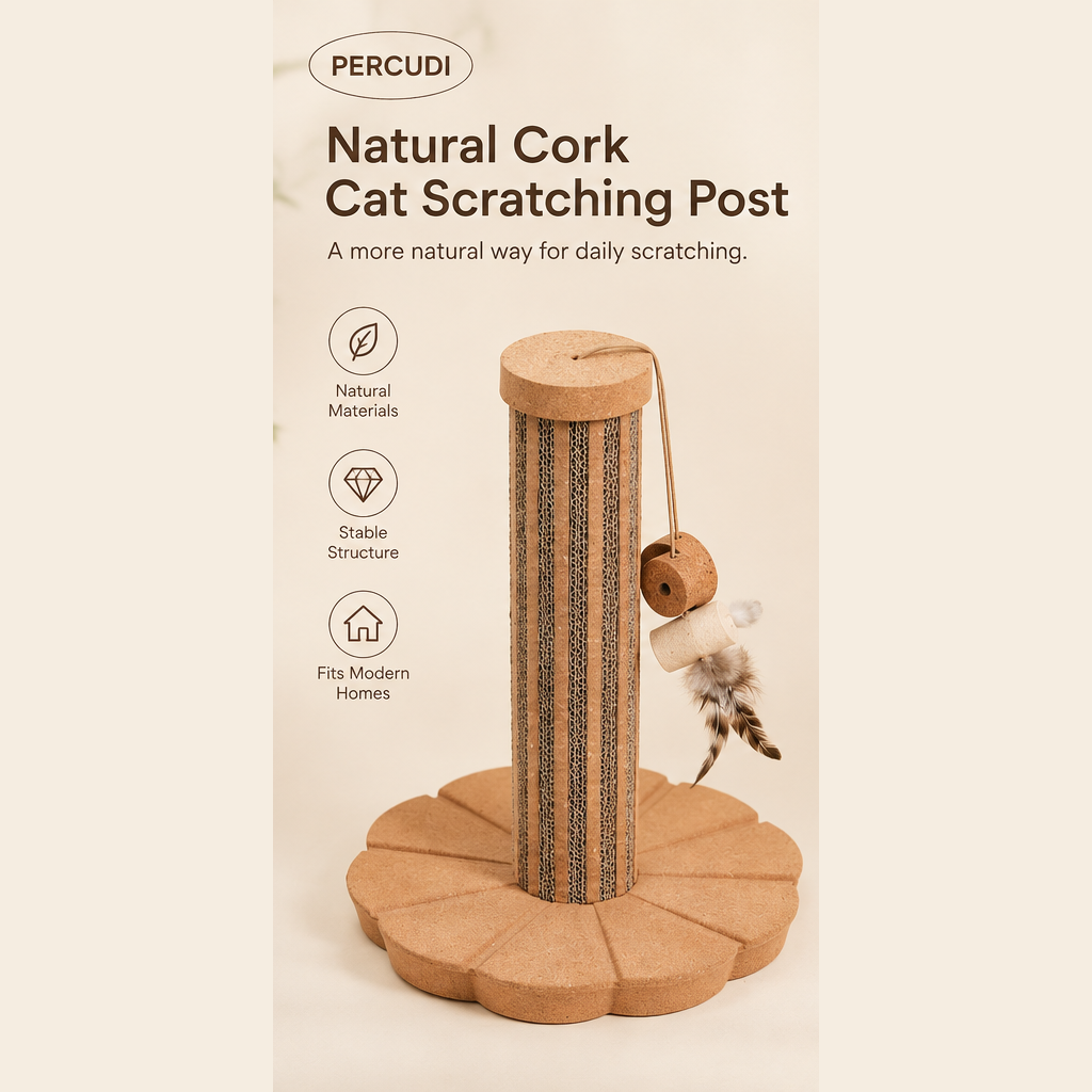 Natural cork flower-base cat scratching post with hanging toy in warm neutral product styling
