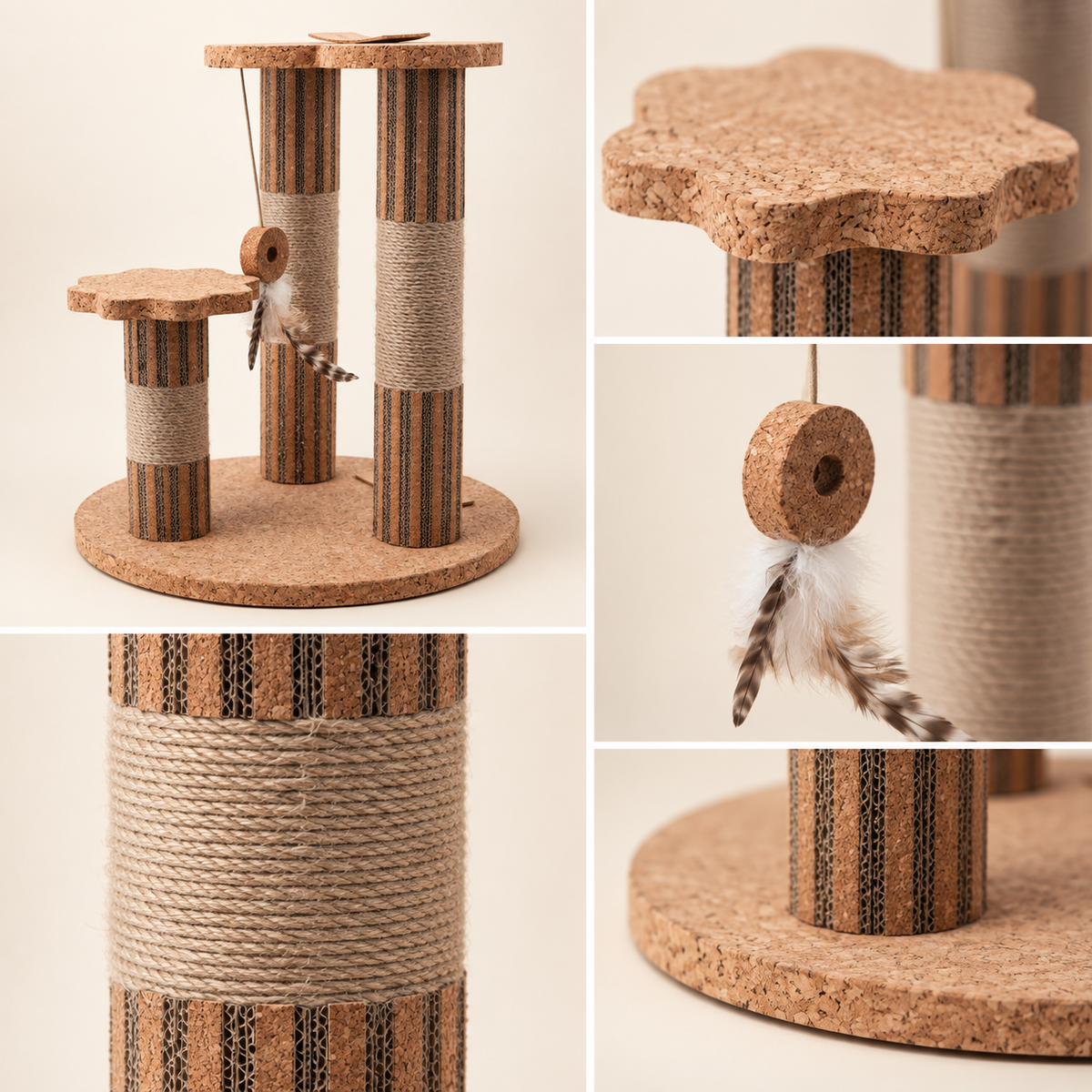 Detail collage of natural cork three-post cat tower showing flower perch, sisal scratching zones, hanging feather toy and sturdy round base