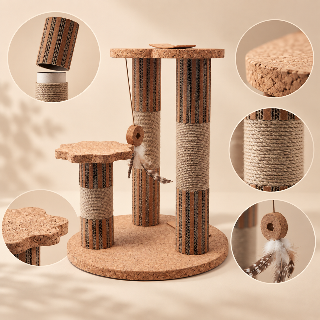 Natural cork three-post cat tower detail view highlighting replaceable scratching sections, cork texture, sisal rope and interactive feather toy