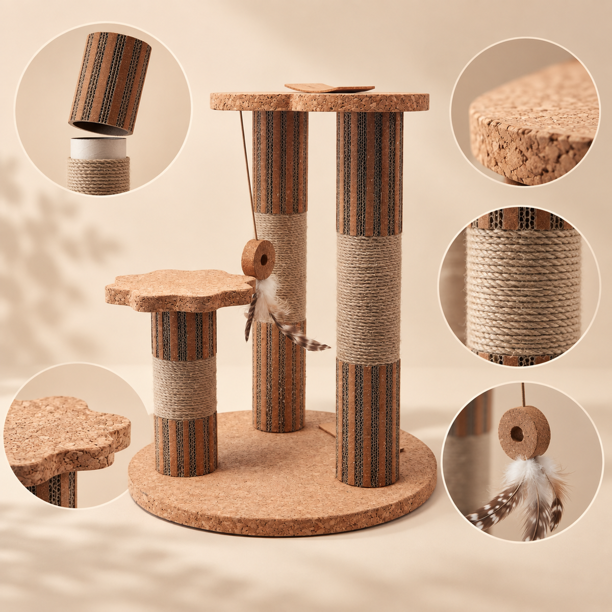 Natural cork three-post cat tower detail view highlighting replaceable scratching sections, cork texture, sisal rope and interactive feather toy