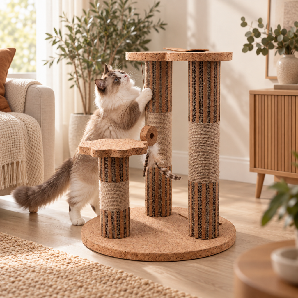 Cat scratching a natural cork three-post activity tower in a warm modern home interior