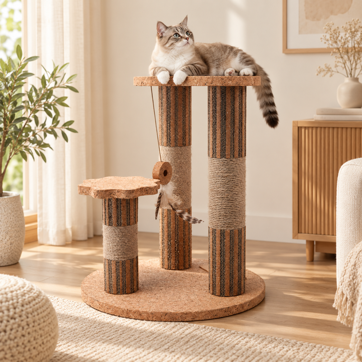 Cat resting on the top platform of a natural cork three-post cat tower in a warm neutral living room