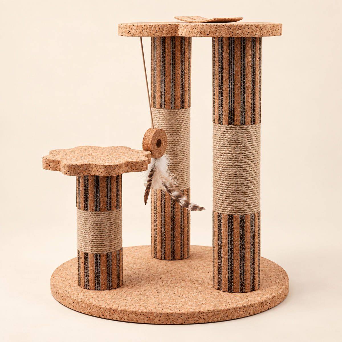 Natural cork three-post cat tower with sisal-wrapped scratching sections, round base, two perch platforms and hanging feather toy on a warm neutral background