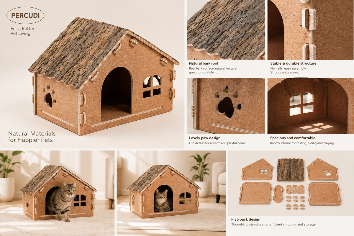Detail collage of natural oak bark roof flat-pack cat villa showing bark texture, tool-free assembly, paw-shaped ventilation and flat-pack components