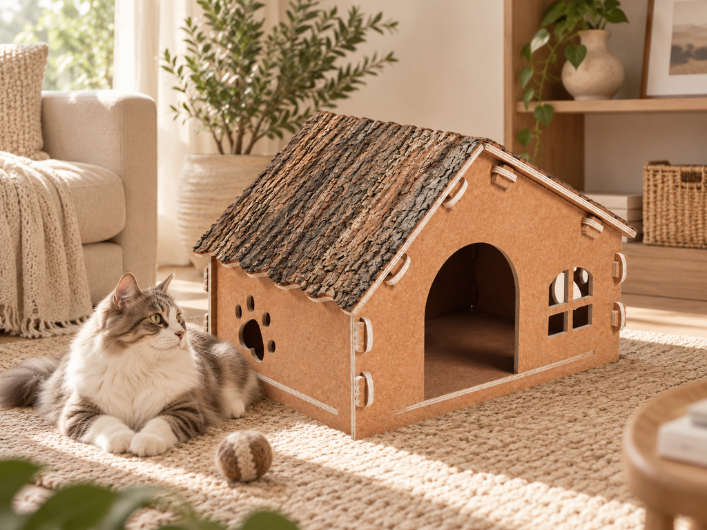Natural oak bark roof flat-pack cat villa in a warm modern living room with a cat relaxing beside the hideaway