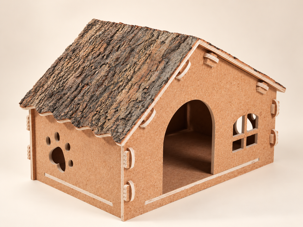 Natural oak bark roof flat-pack cat villa on a warm neutral background