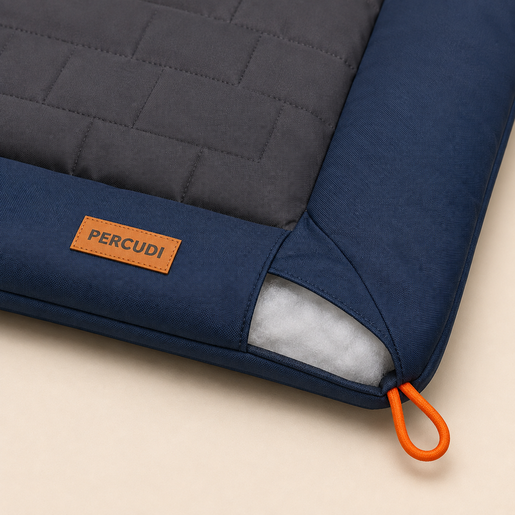 Close-up of the quilted outdoor fabric, polyester filling and corner attachment loop