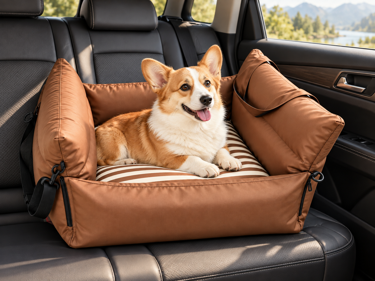 Corgi resting in a coffee brown Oxford fabric inflatable pet car seat inside a vehicle