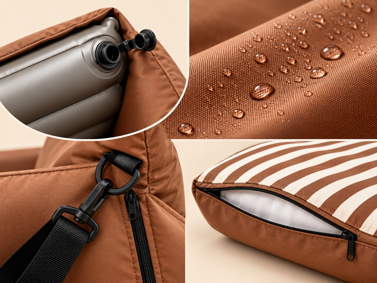 Detail view of Oxford fabric inflatable pet car seat showing PVC air chamber, water-resistant fabric, zipper and secure hardware