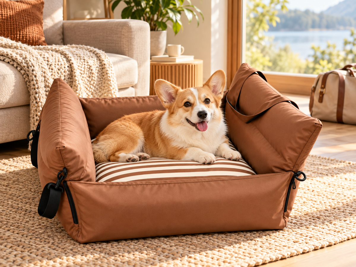 Corgi resting in a coffee brown inflatable pet travel bed in a warm home setting