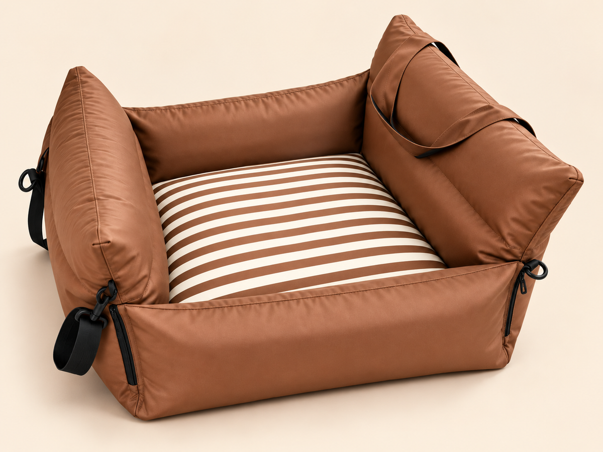 Full view of coffee brown Oxford fabric inflatable pet car seat with striped cushion on a warm neutral background