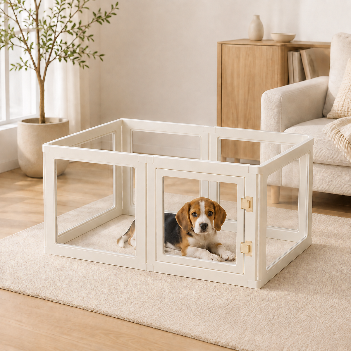 Small Beagle puppy in Percudi panoramic playpen with HDPE connectors