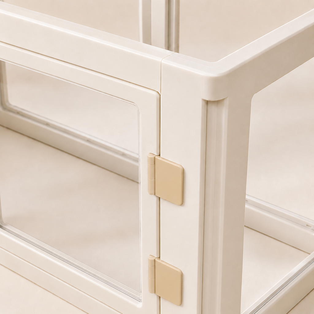Matte HDPE door connector detail on Percudi panoramic clear-panel playpen