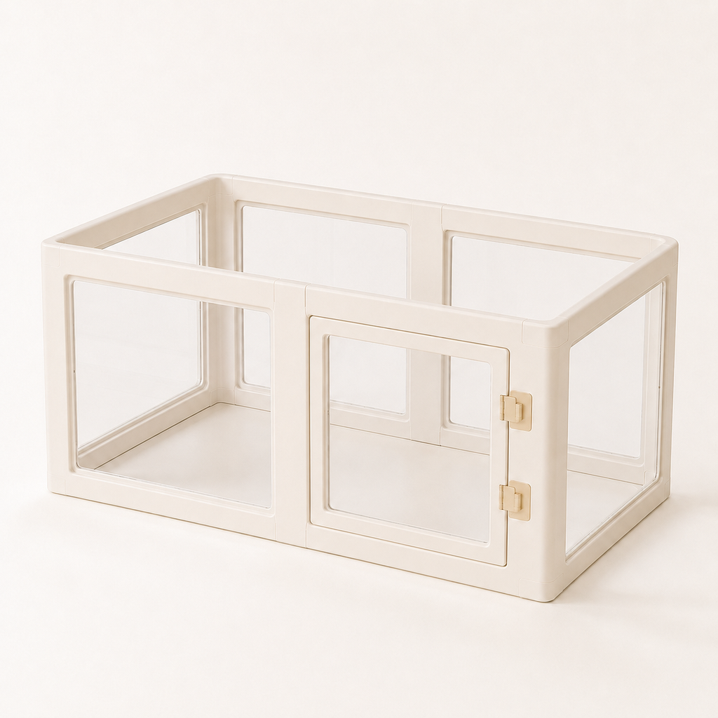 Percudi panoramic clear-panel pet playpen with matte HDPE door connectors