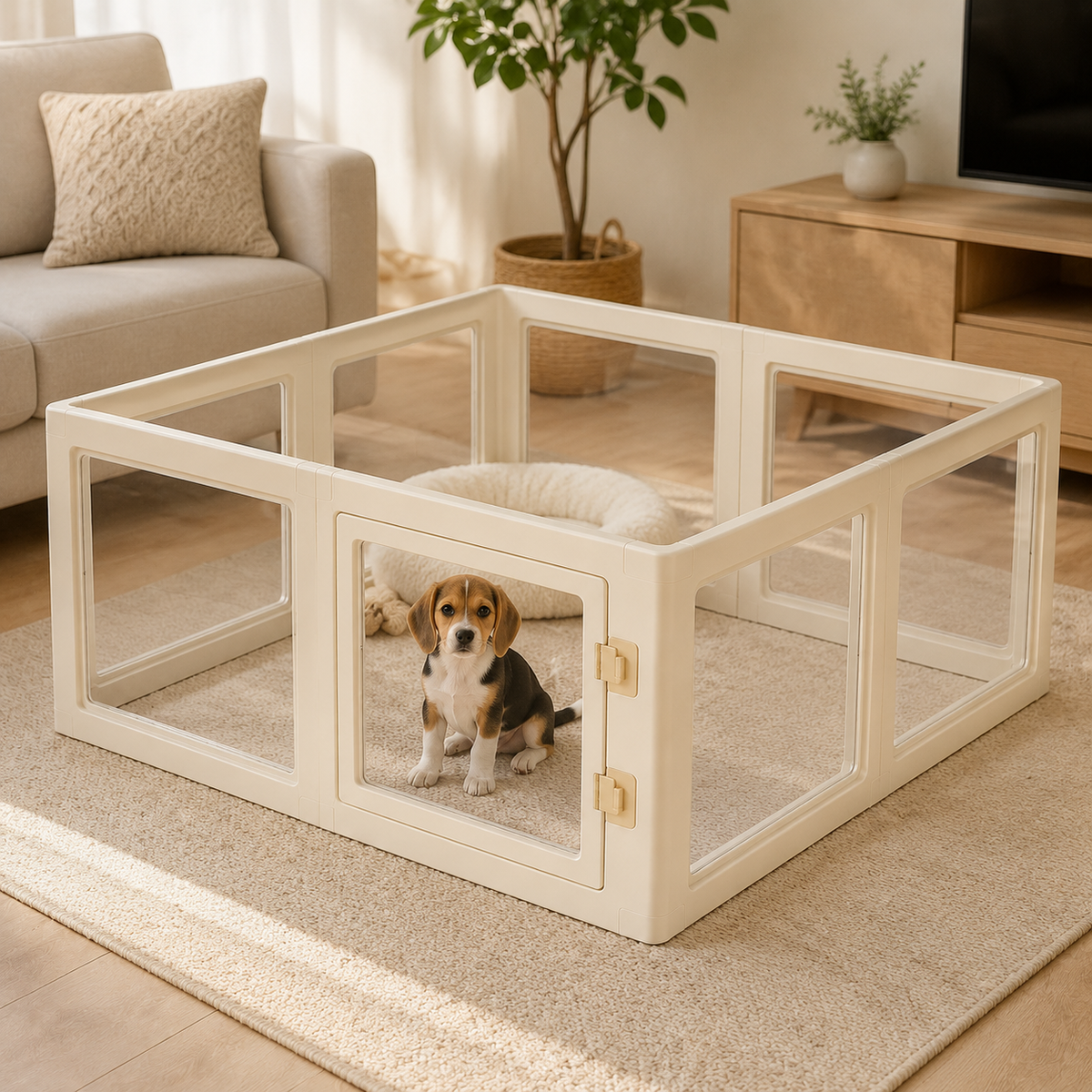 Small Beagle puppy in square Percudi panoramic acrylic pet playpen