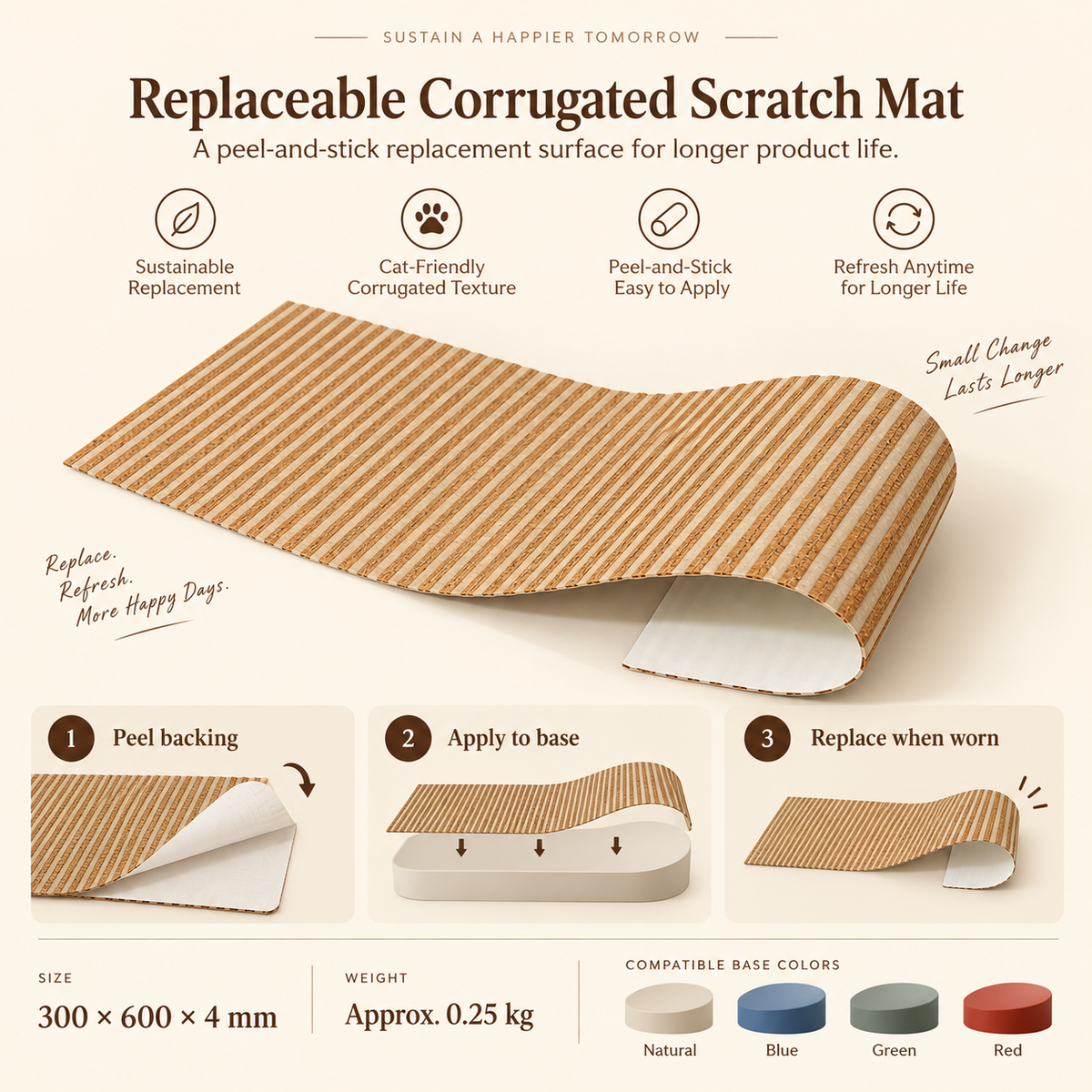 Product infographic for small replaceable corrugated scratch mat with peel-and-stick application, size and weight