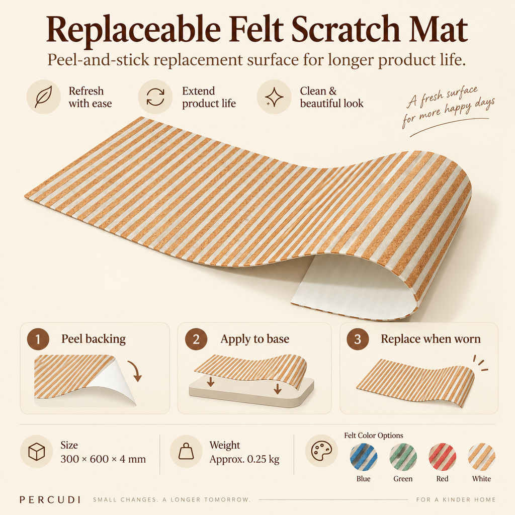 Product infographic for small replaceable felt scratch mat with peel-and-stick application, size and weight