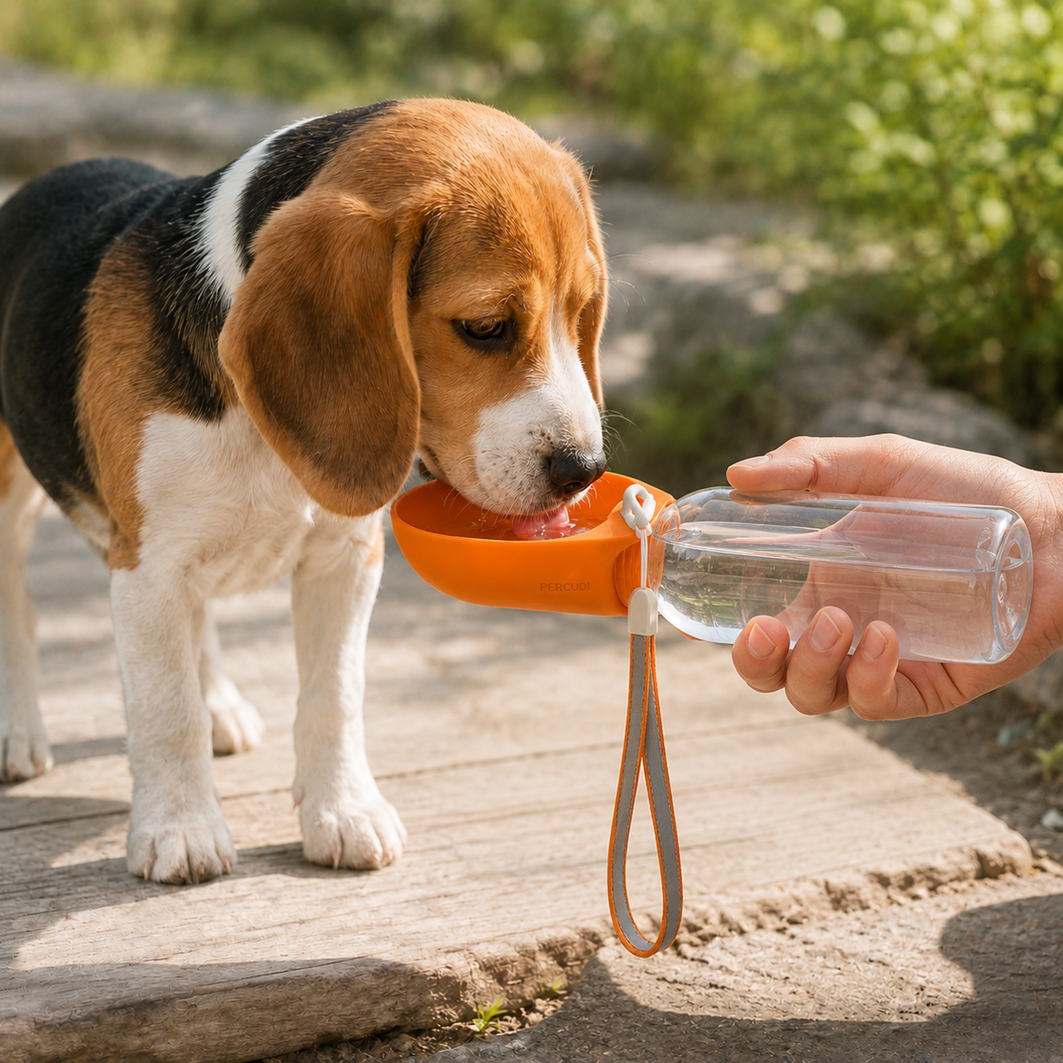 Small beagle puppy drinking from an orange PERCUDI portable water bottle outdoors