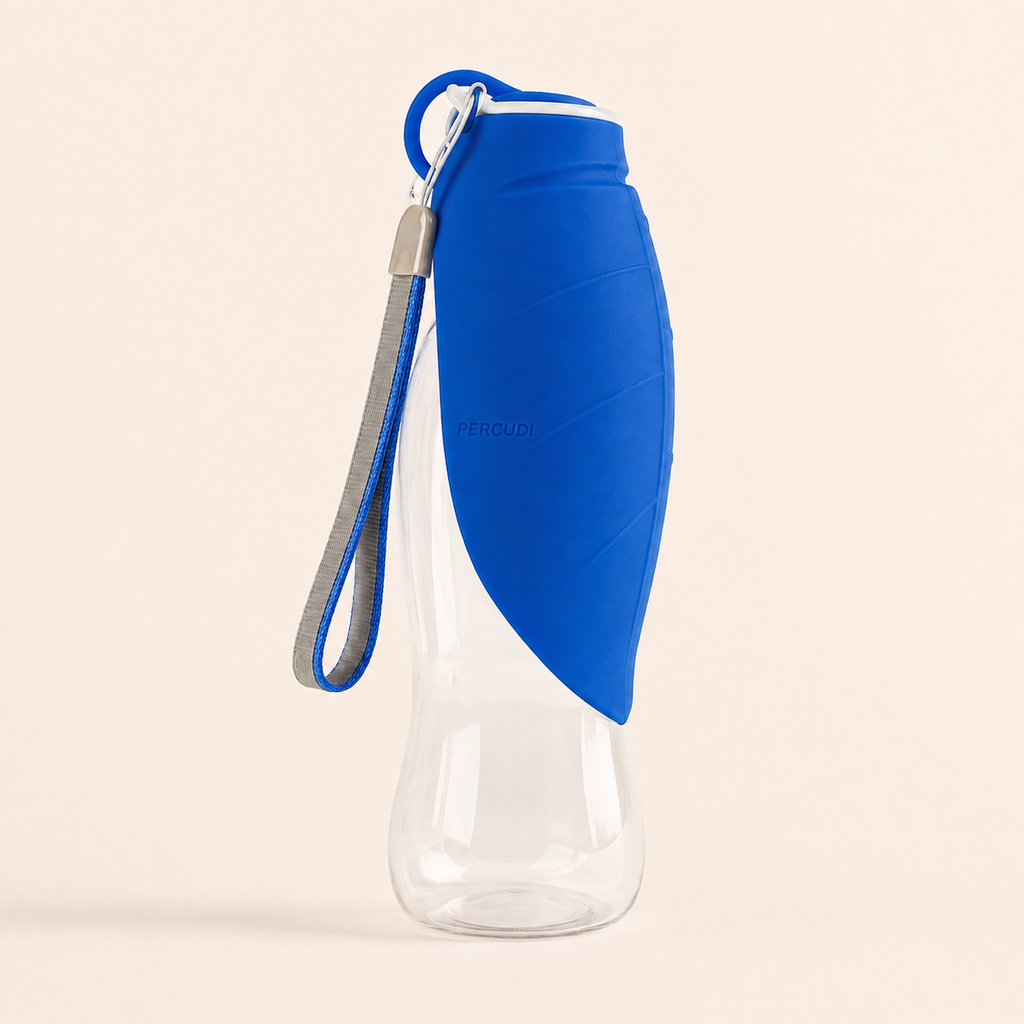 Blue PERCUDI 600 ml portable dog water bottle with foldable silicone drinking trough
