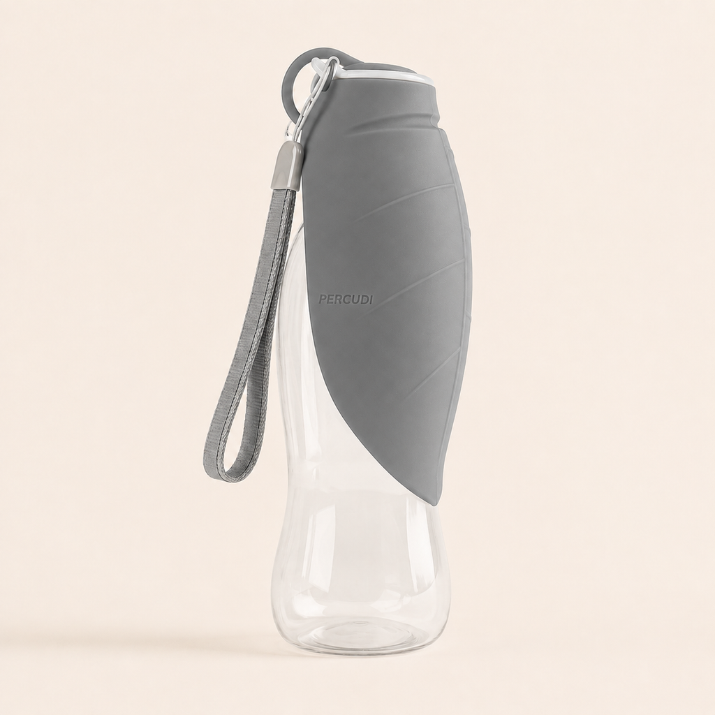 Grey PERCUDI 600 ml portable dog water bottle with foldable silicone drinking trough