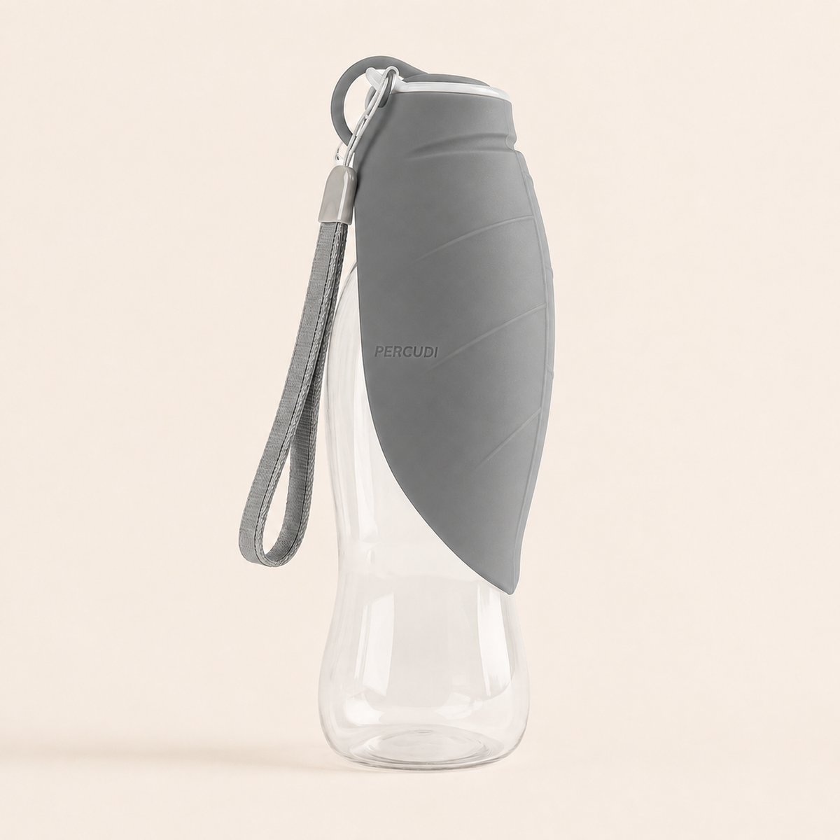 Grey PERCUDI 600 ml portable dog water bottle with foldable silicone drinking trough