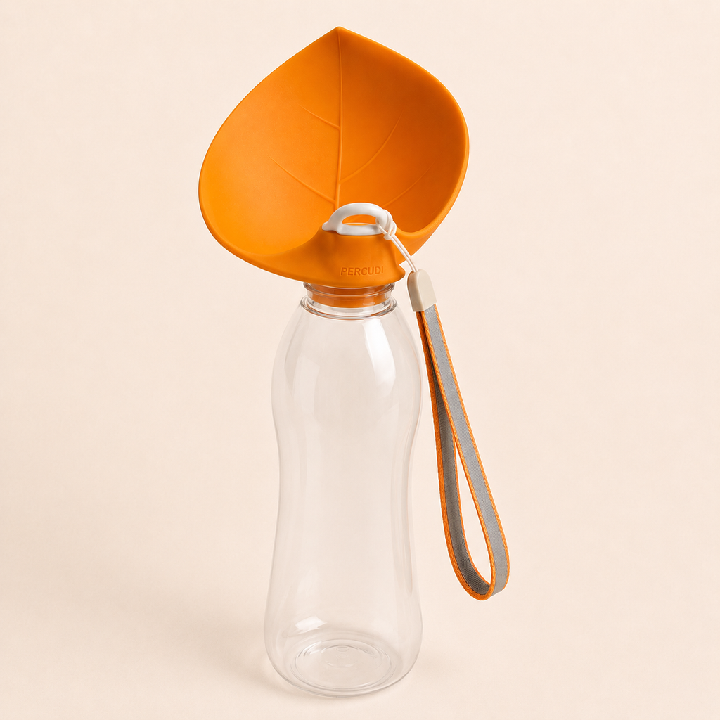 Open leaf-shaped silicone drinking trough on PERCUDI portable pet water bottle