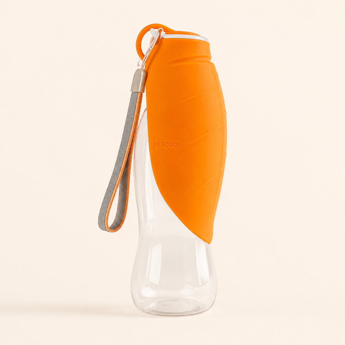 Orange PERCUDI 600 ml portable dog water bottle with foldable silicone drinking trough