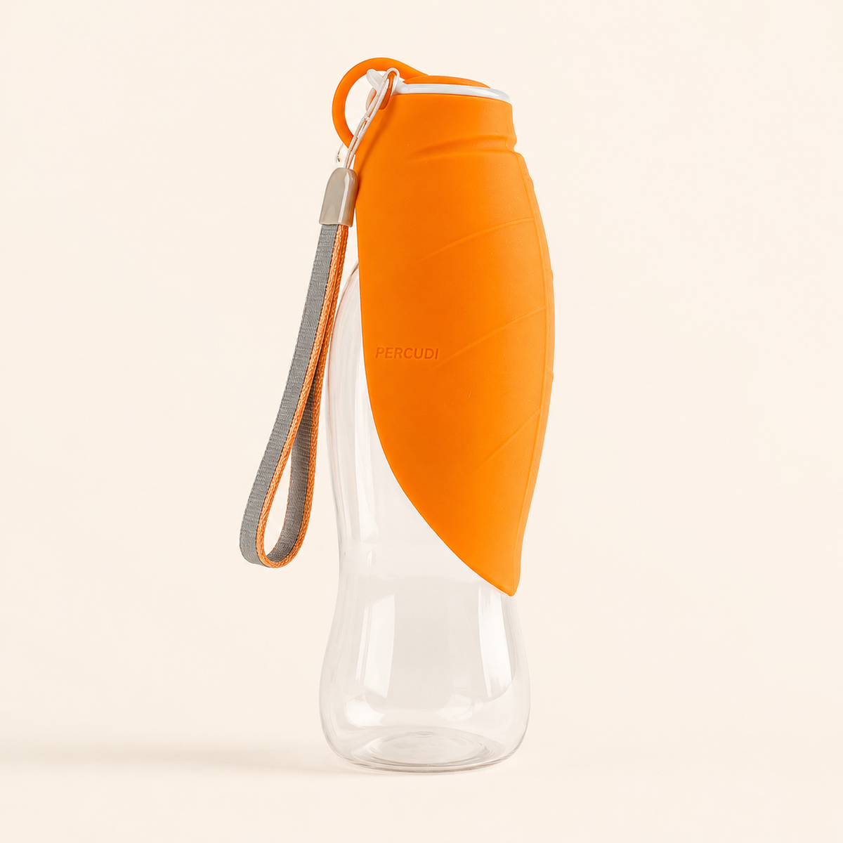 Orange PERCUDI 600 ml portable dog water bottle with foldable silicone drinking trough