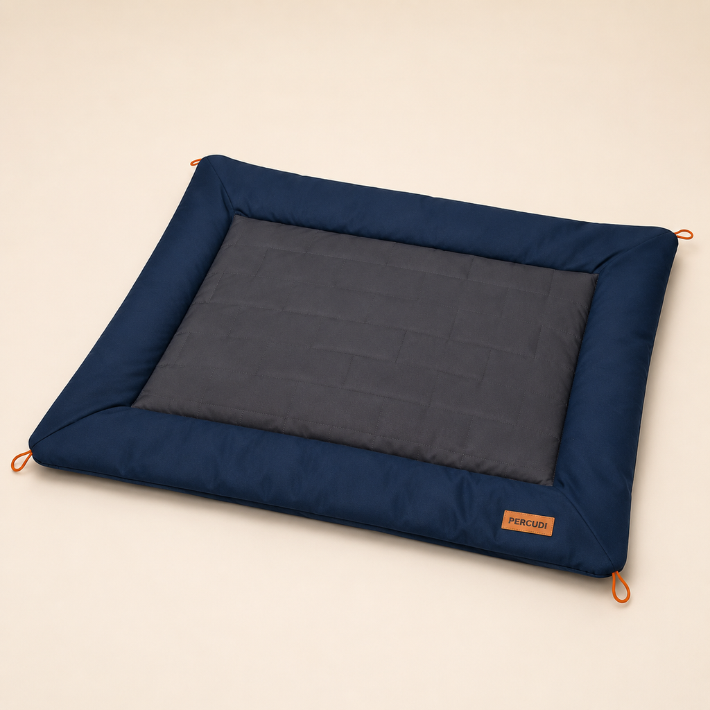 Dark blue and charcoal portable quilted outdoor pet mat