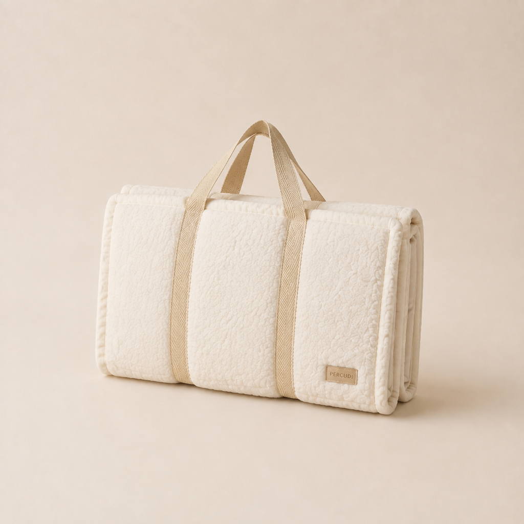 Folded ivory sherpa pet mat with webbing carrying handles