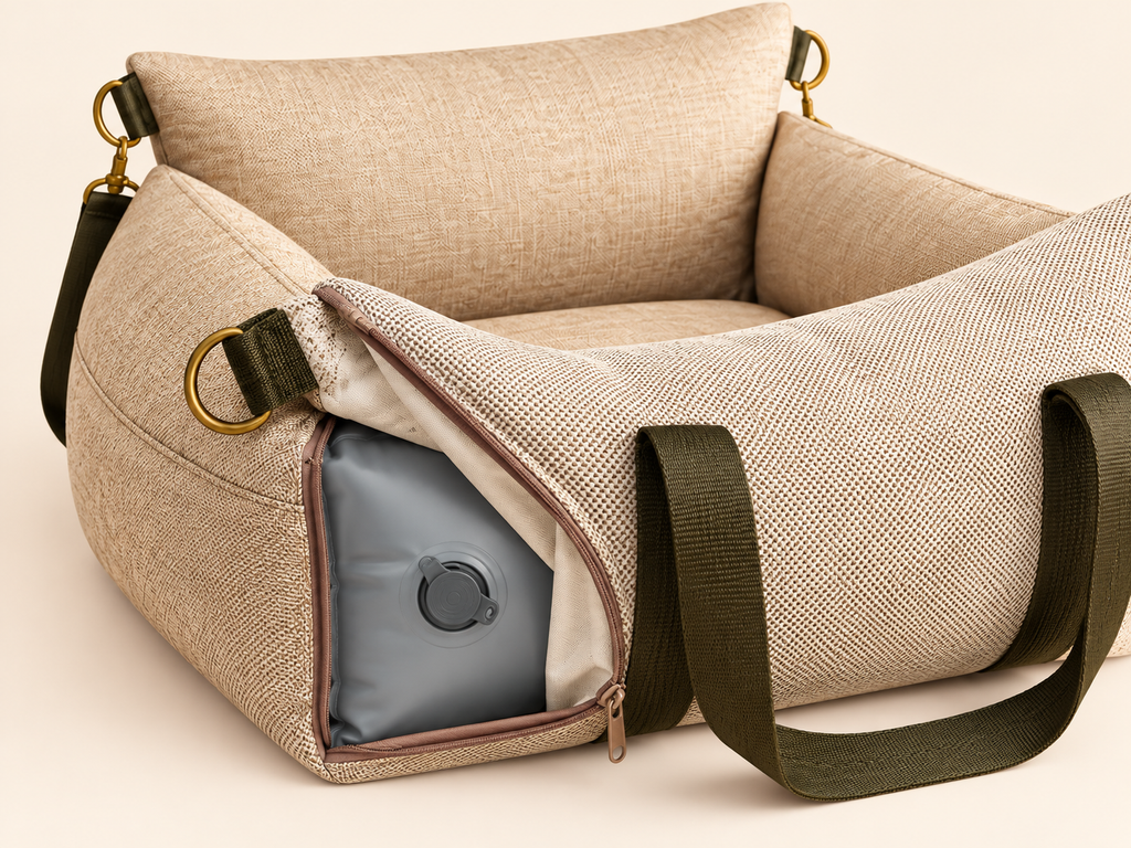 Close-up detail of recycled-fabric inflatable dog car seat showing removable cover, zipper and inflatable inner chamber