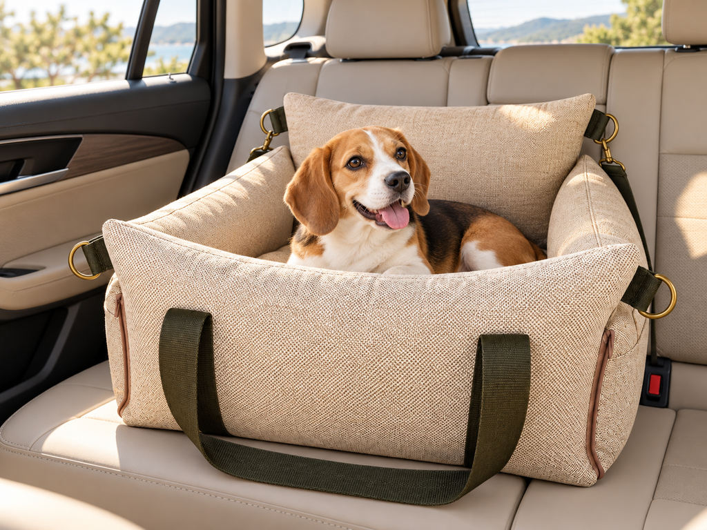 Beagle resting in a khaki recycled-fabric inflatable dog car seat inside a car