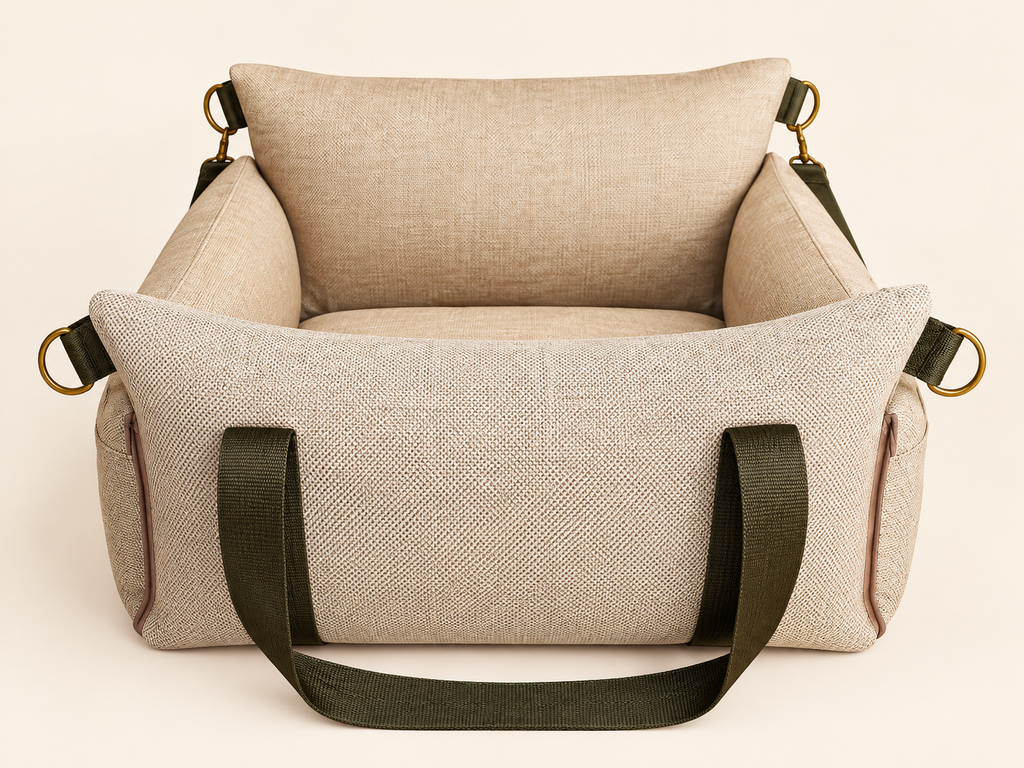 Large product view of khaki recycled-fabric inflatable dog car seat with olive carry straps on a warm neutral background