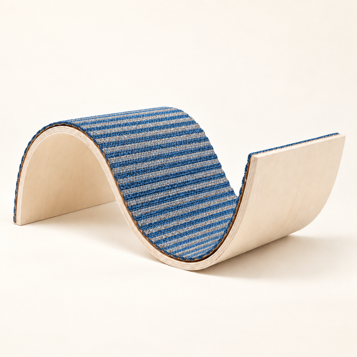 S-shaped replaceable corrugated cat scratcher and lounger in blue with reusable wood base