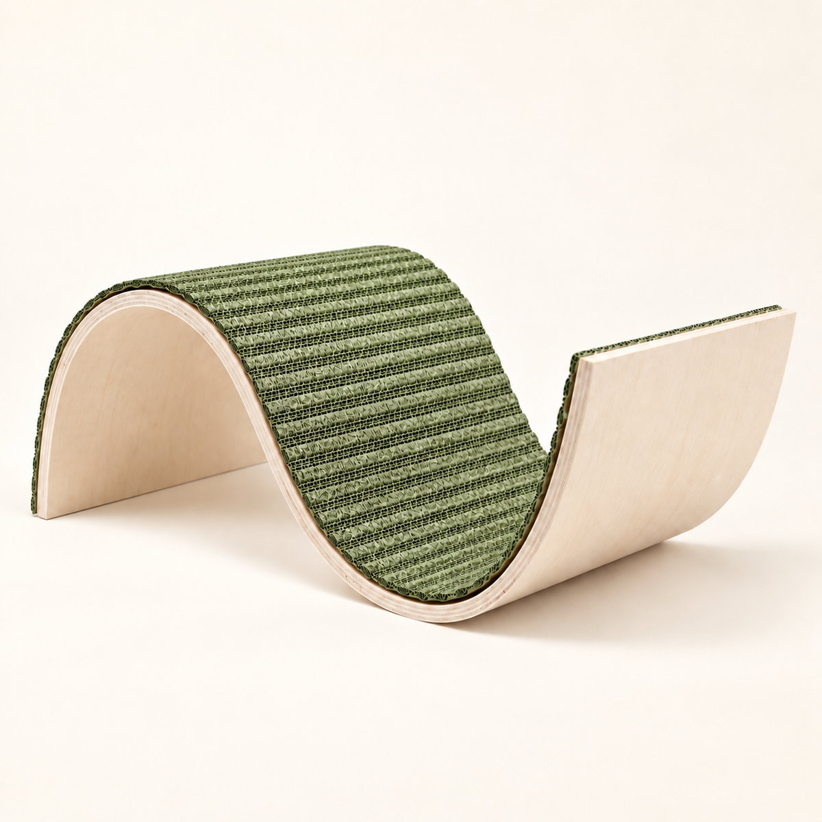 S-shaped replaceable corrugated cat scratcher and lounger in green with reusable wood base