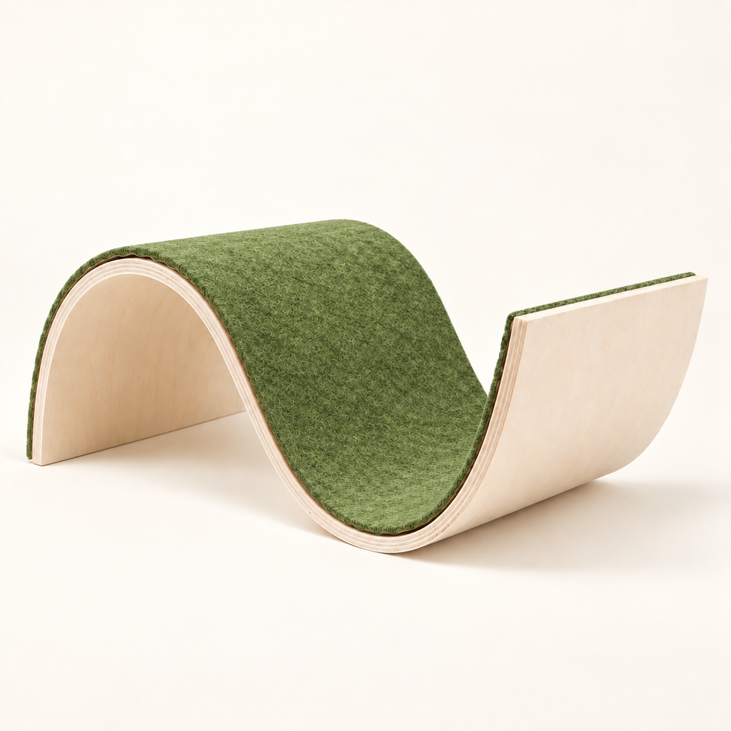 S-shaped replaceable felt cat scratcher and lounger with green felt surface and reusable wood base