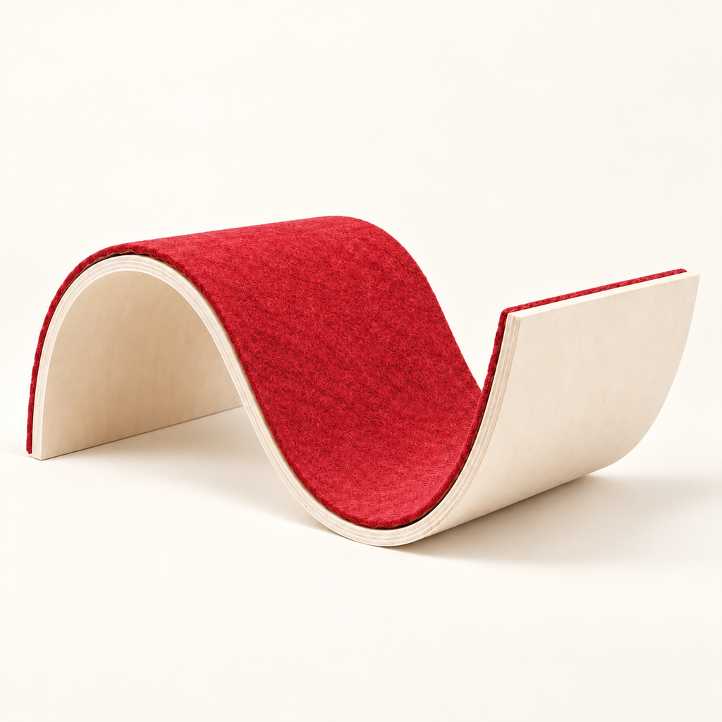 S-shaped replaceable felt cat scratcher and lounger with red felt surface and reusable wood base