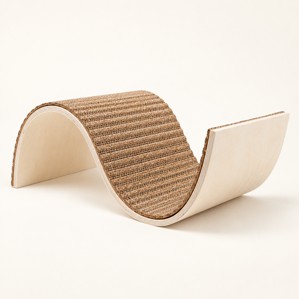 S-shaped replaceable corrugated cat scratcher and lounger with reusable natural wood base on warm cream background