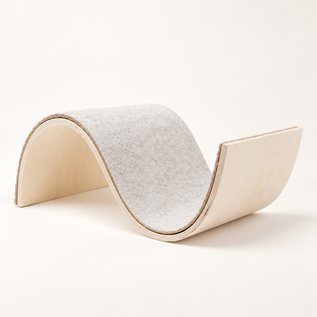 S-shaped replaceable felt cat scratcher and lounger with reusable natural wood base on warm cream background