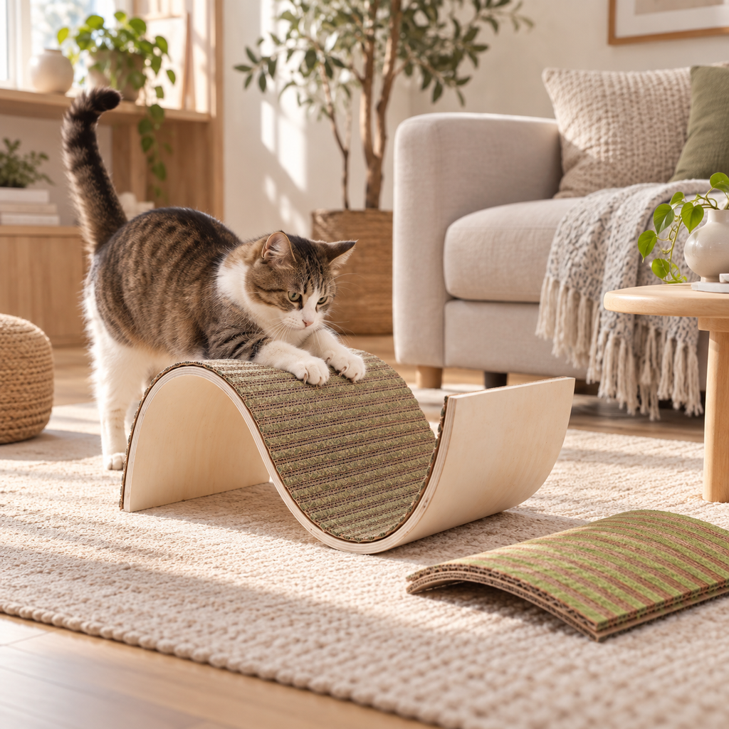 Cat using an S-shaped replaceable cat scratcher and lounger in a warm modern living room