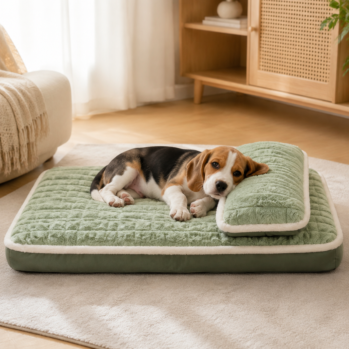 Small Beagle puppy resting on sage quilted pet mattress with pillow