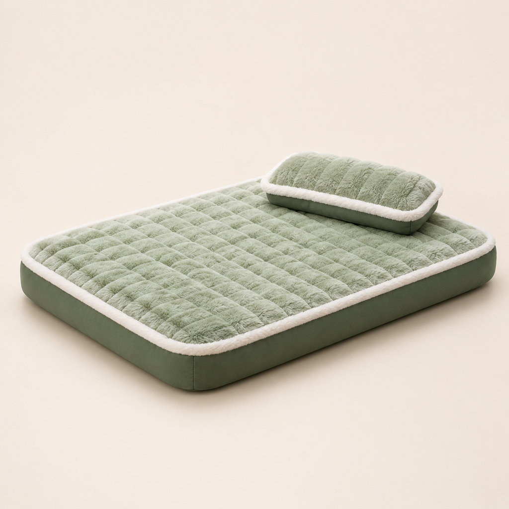 Percudi sage green quilted pet mattress with pillow