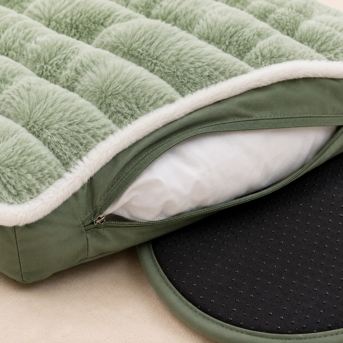Sage quilted surface removable cover and non-slip backing detail