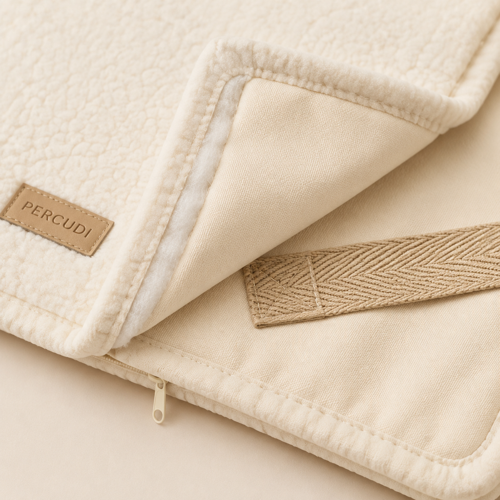 Sherpa surface, canvas backing and webbing details of a foldable pet mat