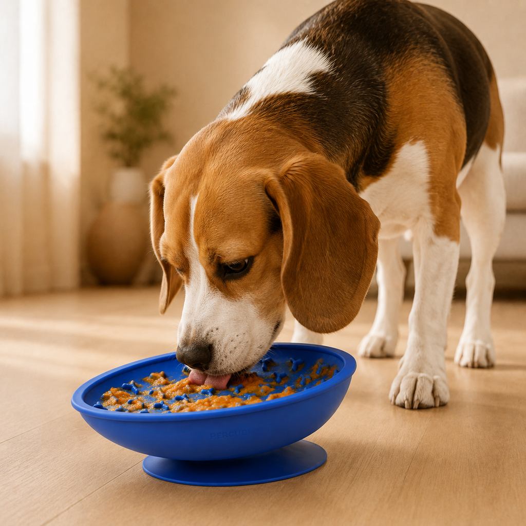 Adult beagle licking wet food from a blue silicone suction lick bowl