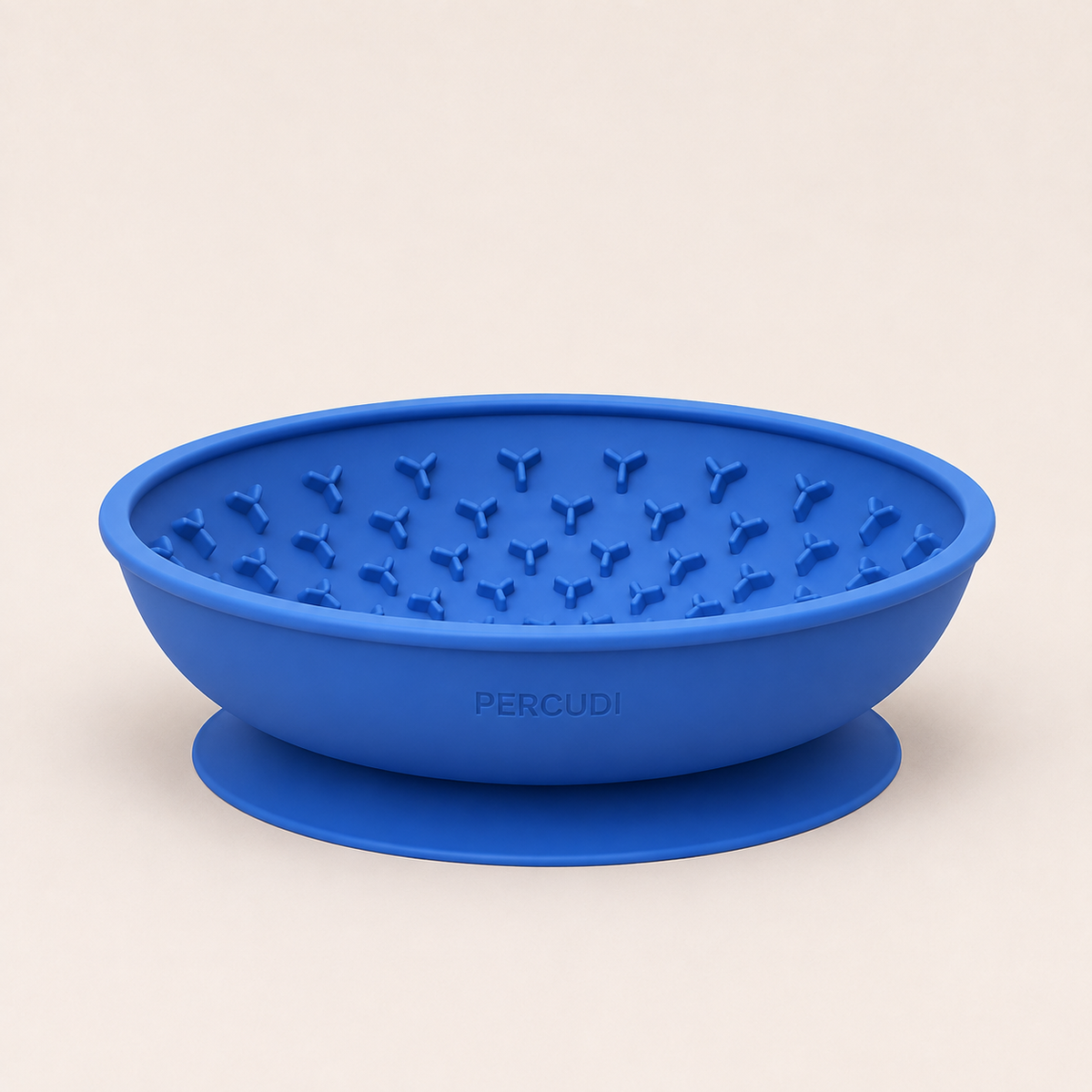 Blue PERCUDI silicone suction lick bowl with raised slow-feeding texture