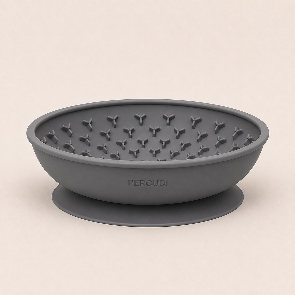 Gray PERCUDI silicone suction lick bowl with raised slow-feeding texture